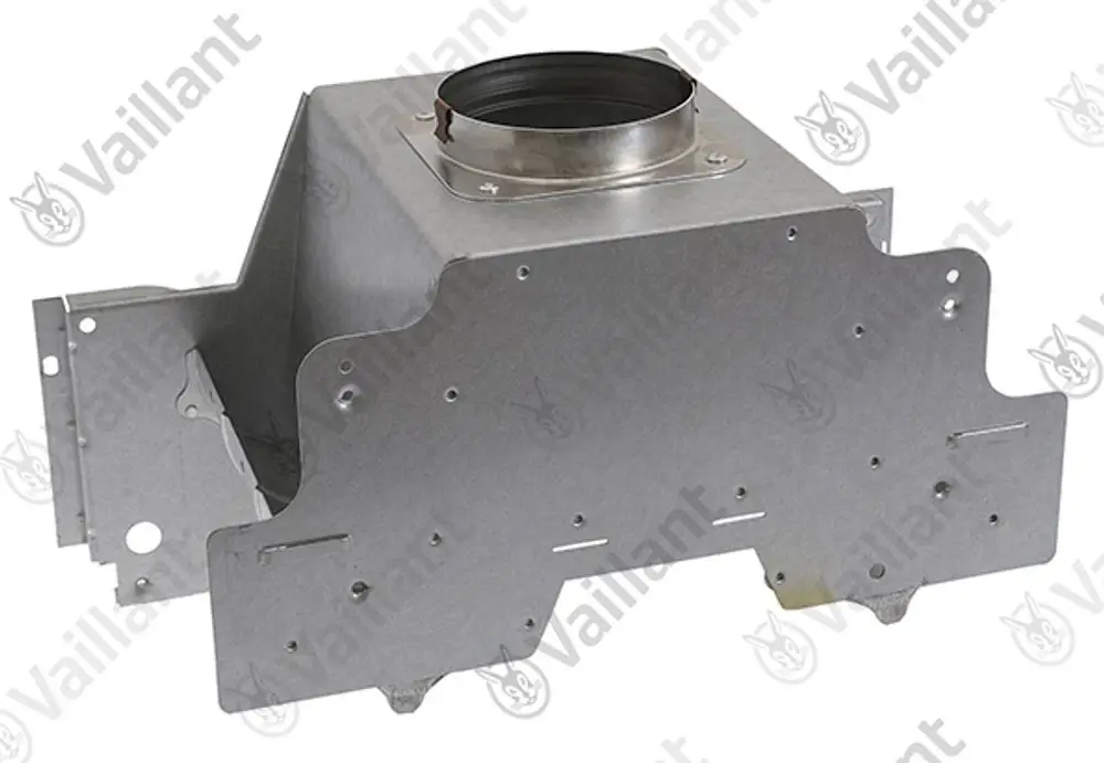 Vaillant Strömungssicherung aus Metall mit Anschlussöffnung oben, zur Verwendung in Heizsystemen, ausgestattet mit Montagelöchern zur Befestigung.